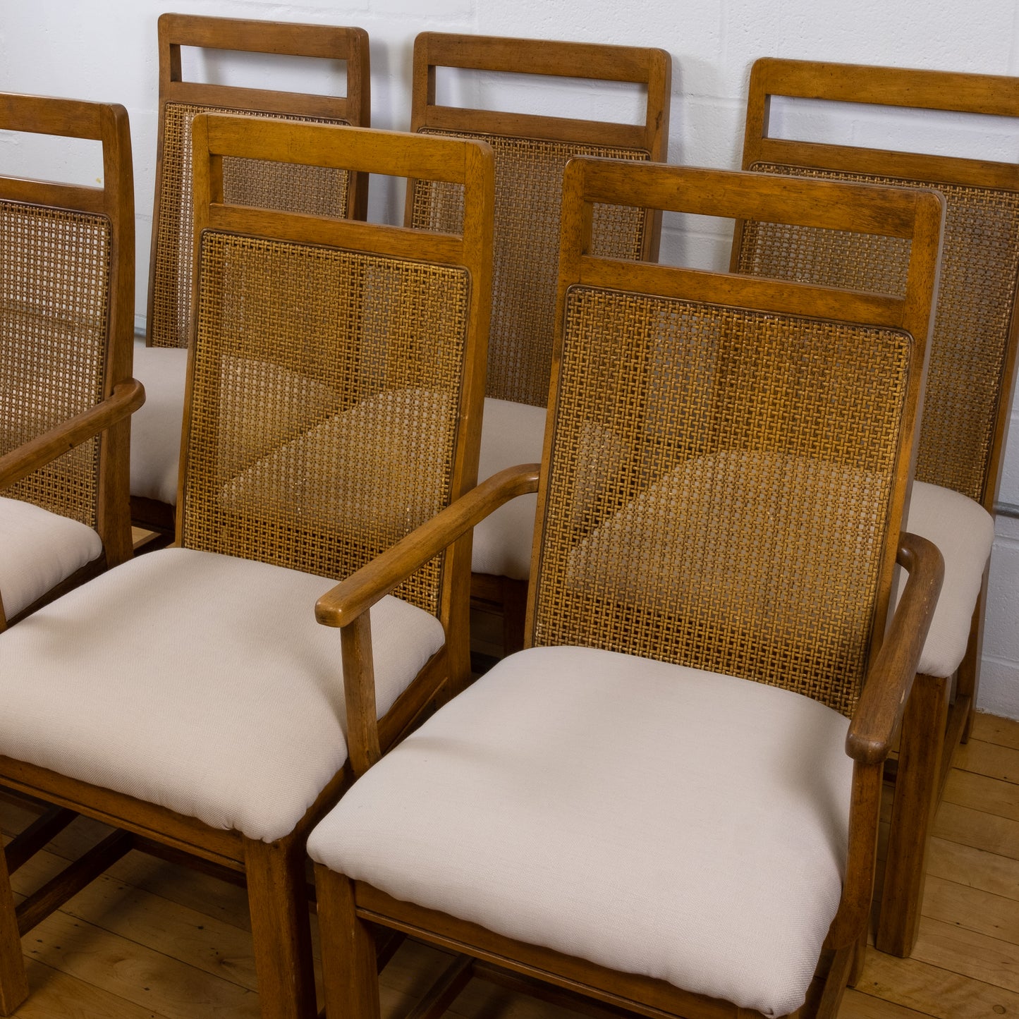 Vintage Cane and Oak Dining Chair Set with Blush Seat