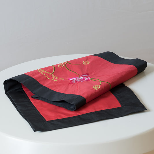 Red Lotus Embroidered Silk Table Runner