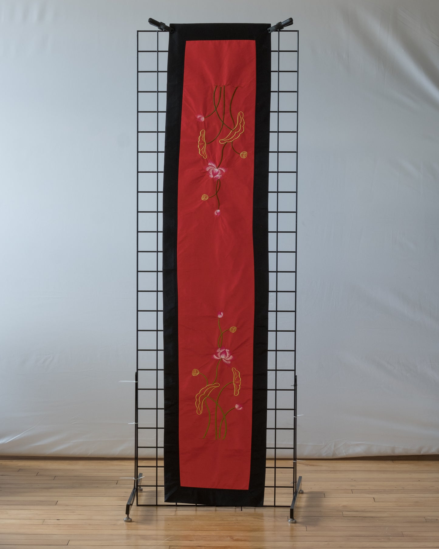 Red Lotus Embroidered Silk Table Runner