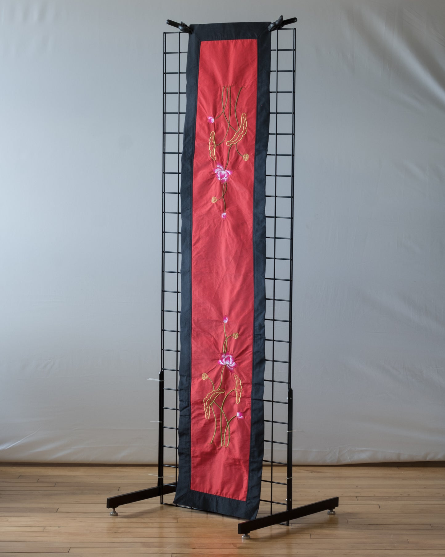 Red Lotus Embroidered Silk Table Runner