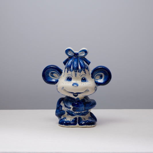 Blue Floral Gzhel Porcelain Monkey Statuette