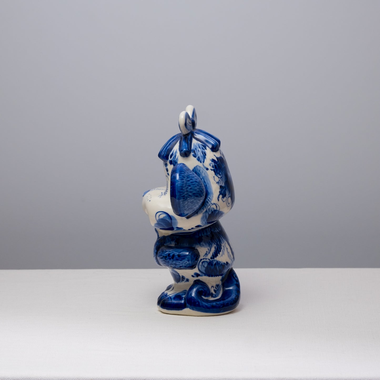 Blue Floral Gzhel Porcelain Monkey Statuette