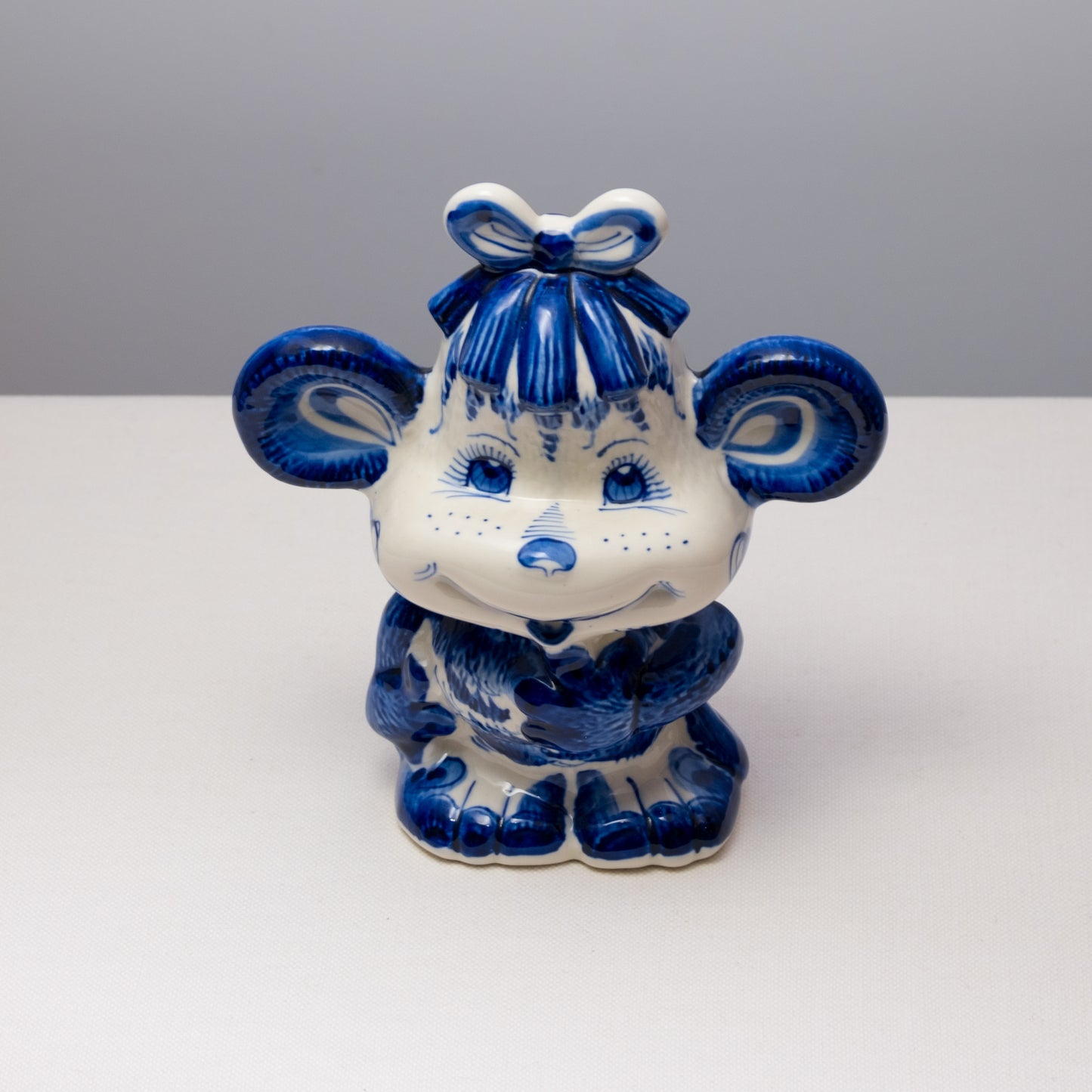 Blue Floral Gzhel Porcelain Monkey Statuette