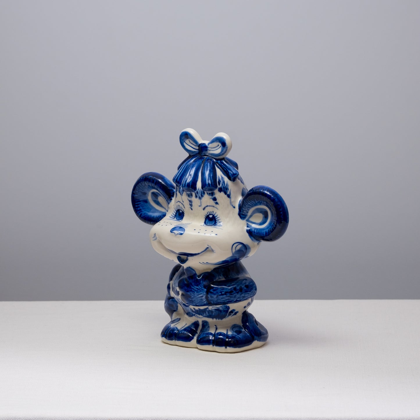 Blue Floral Gzhel Porcelain Monkey Statuette