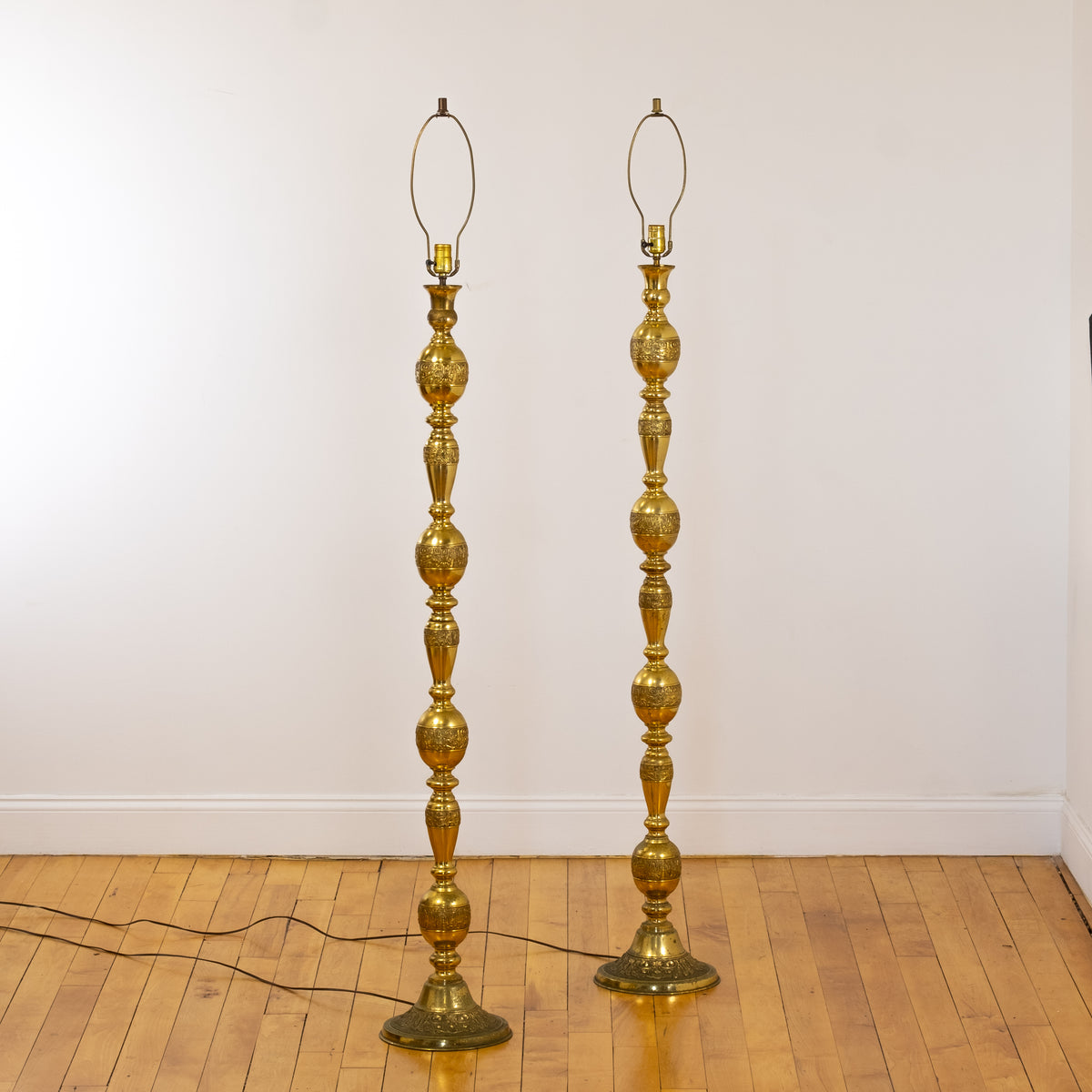 Pair of Stacked Decorative Molded Brass Floor Lamps