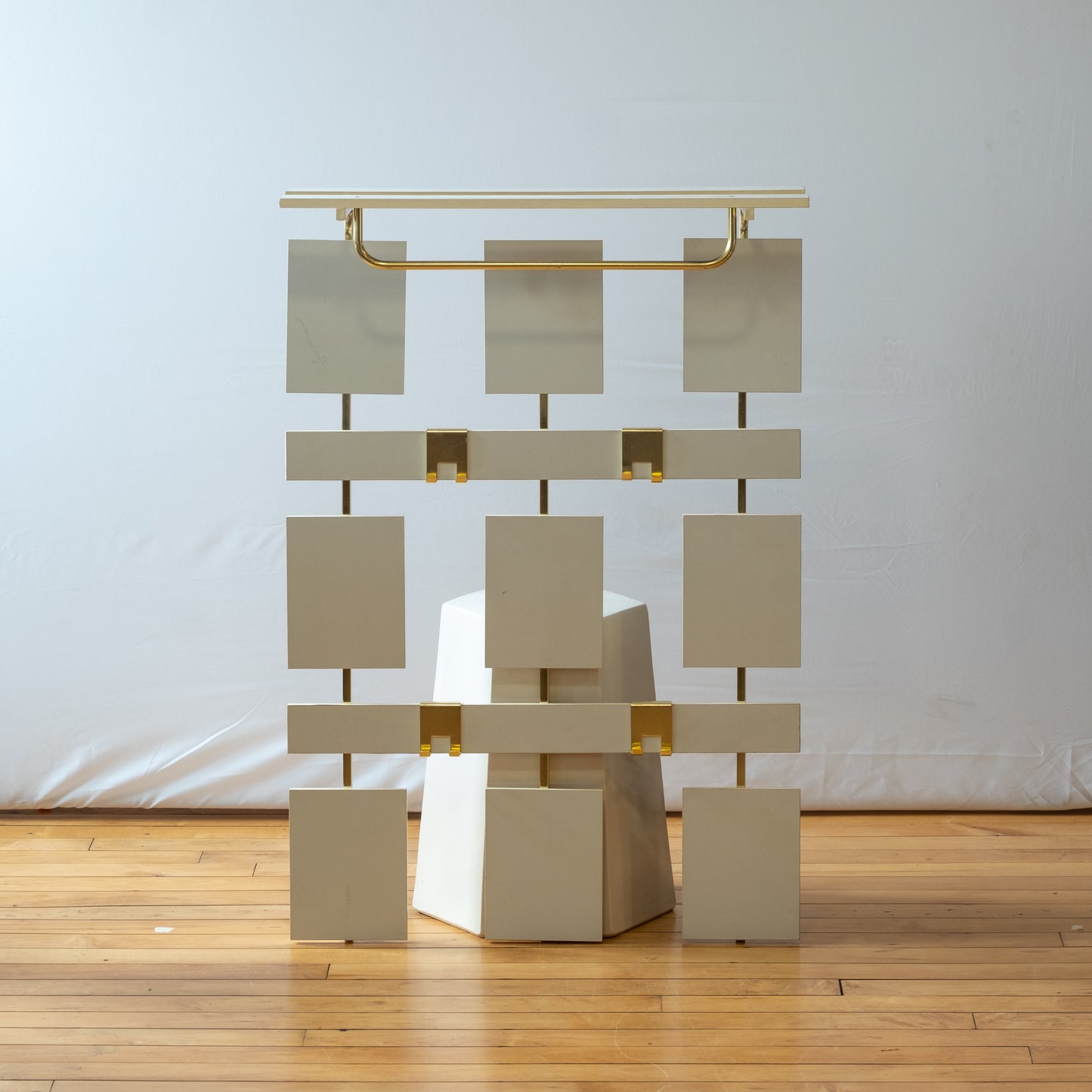 c. 1970s White and Brass Wall Mount Coat Rack