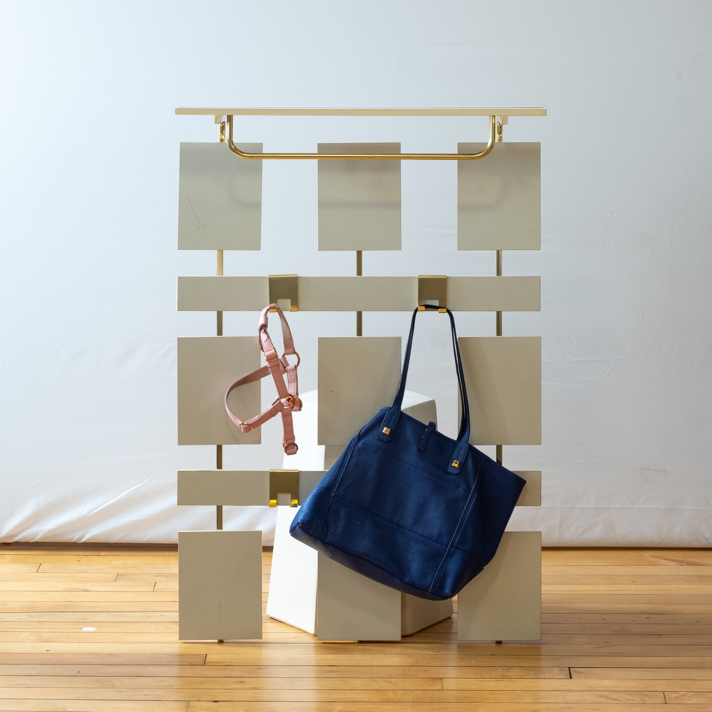 c. 1970s White and Brass Wall Mount Coat Rack