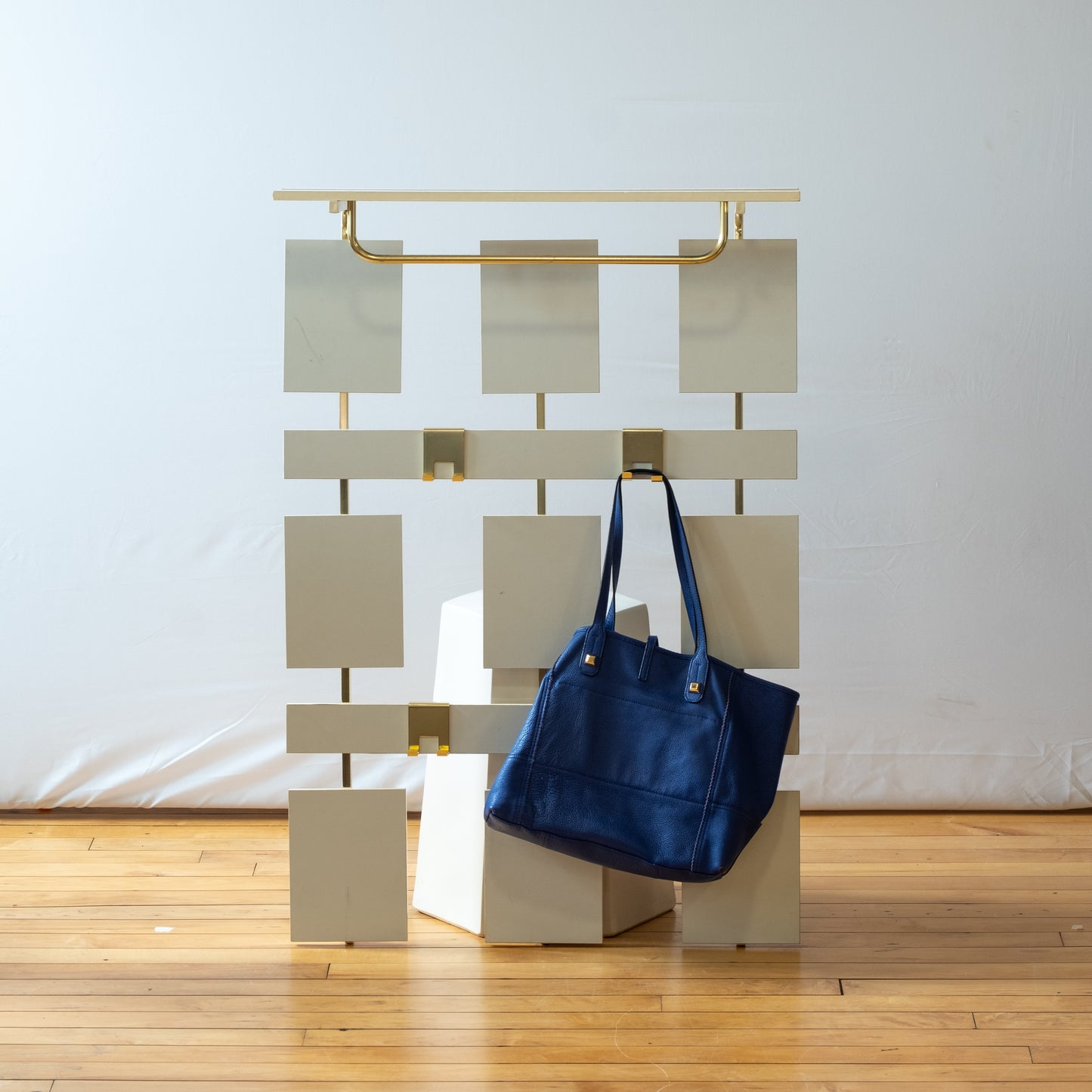 c. 1970s White and Brass Wall Mount Coat Rack