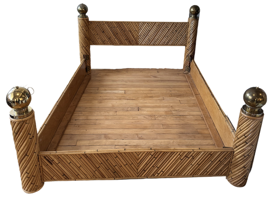 1980s Pencil Reed and Brass Queen Bed Frame Attributed to Marcello Mioni
