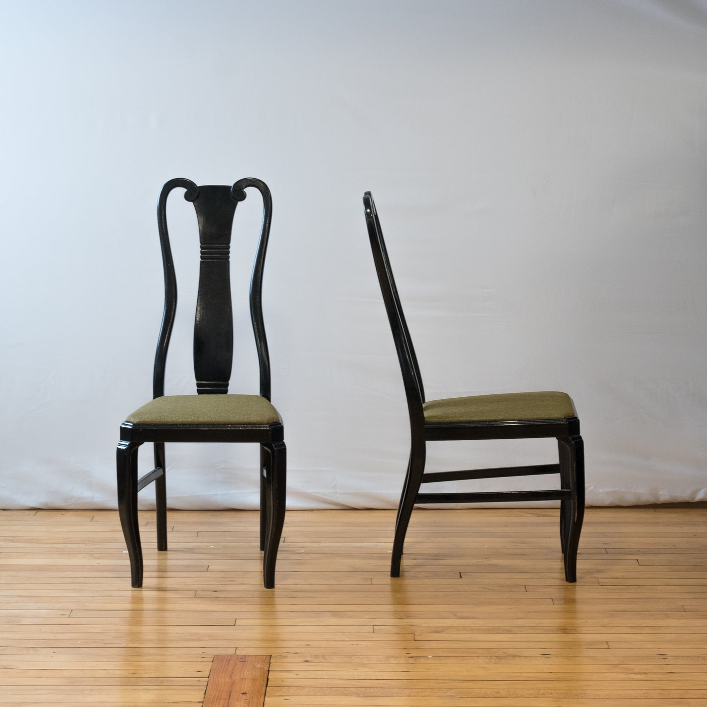 Regency Style Lacquered Black & Green Upholstered Dining Chair Set of 5