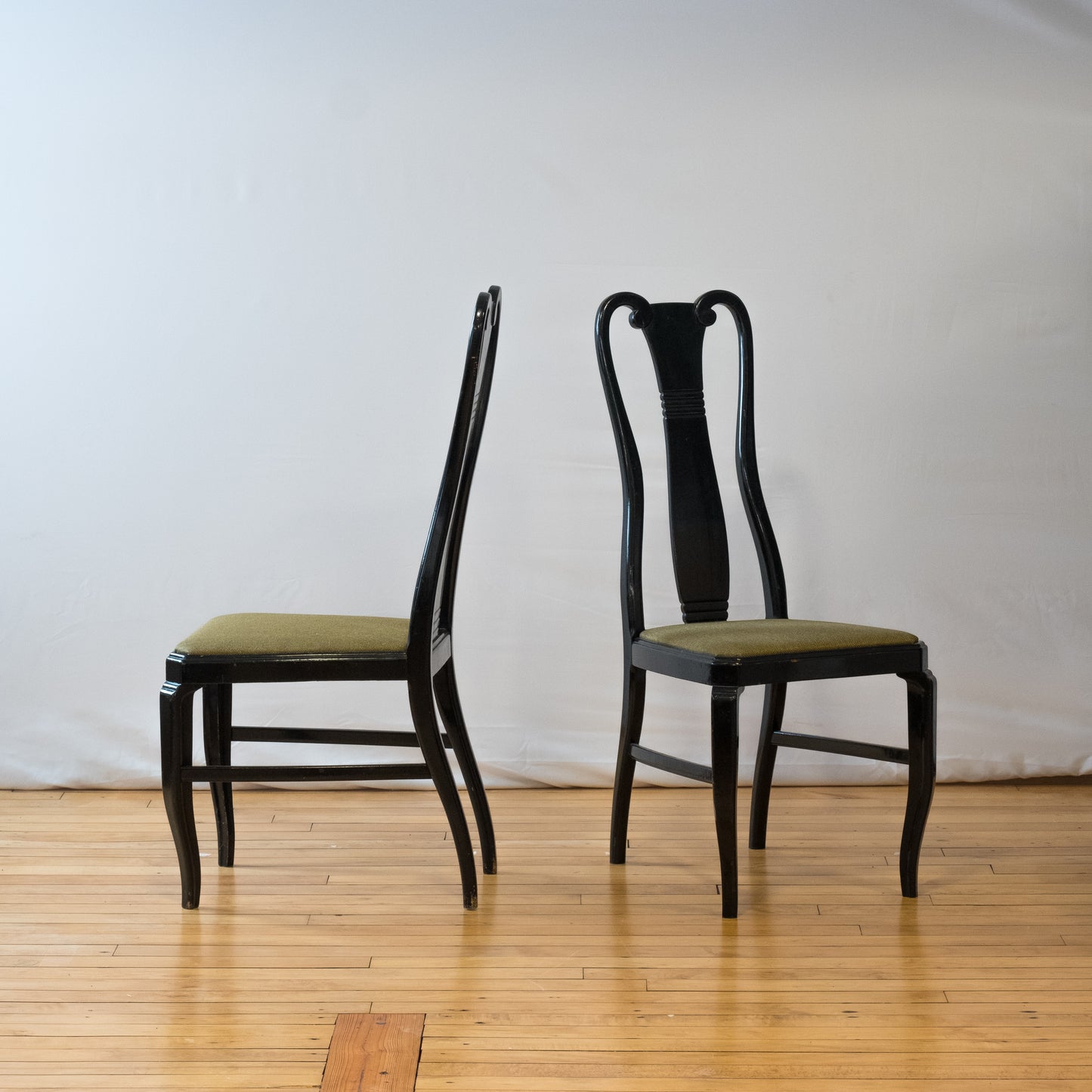 Regency Style Lacquered Black & Green Upholstered Dining Chair Set of 5