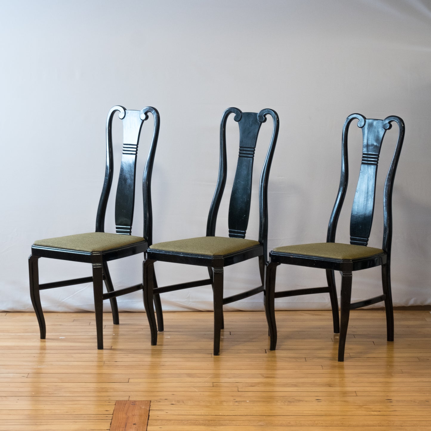 Regency Style Lacquered Black & Green Upholstered Dining Chair Set of 5