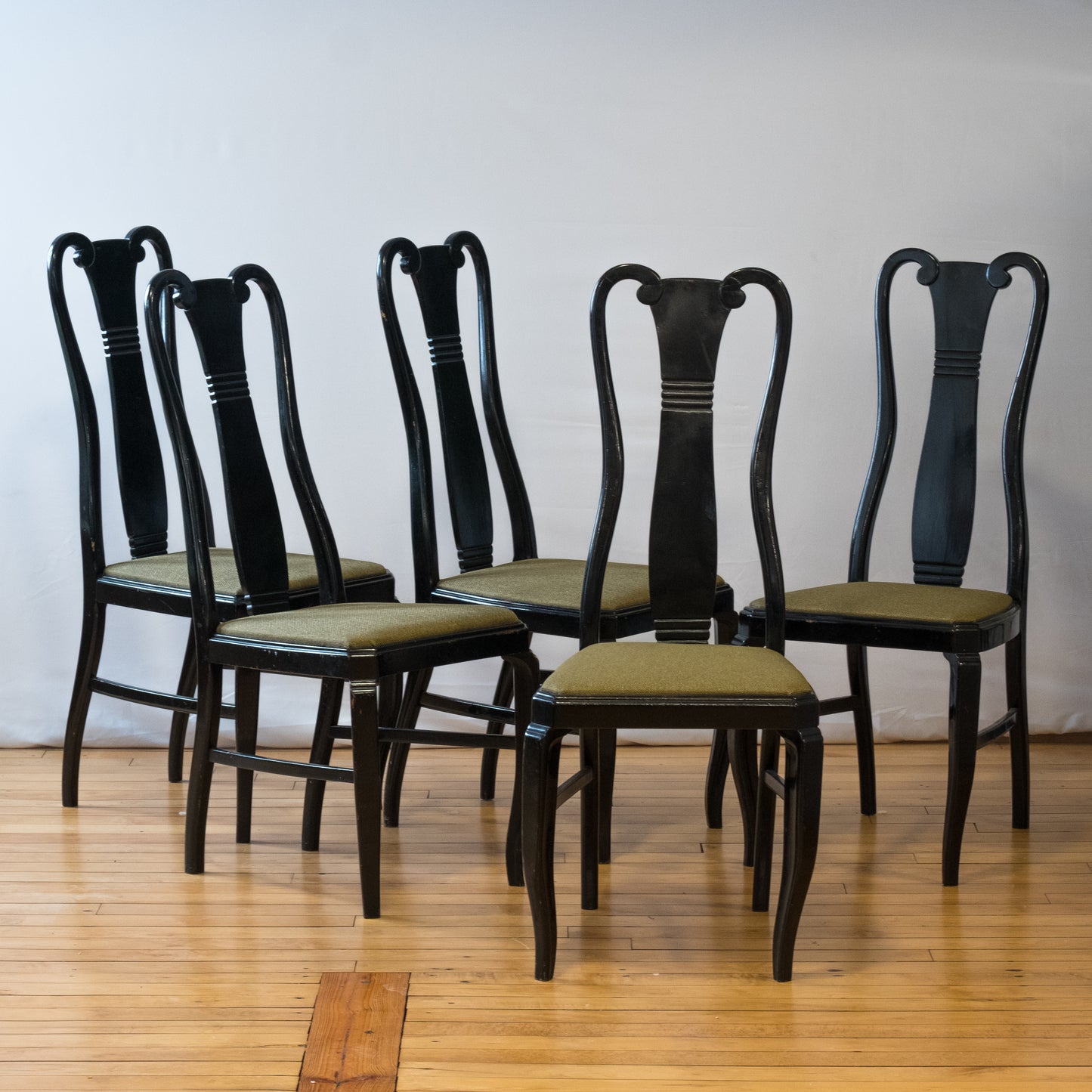 Regency Style Lacquered Black & Green Upholstered Dining Chair Set of 5