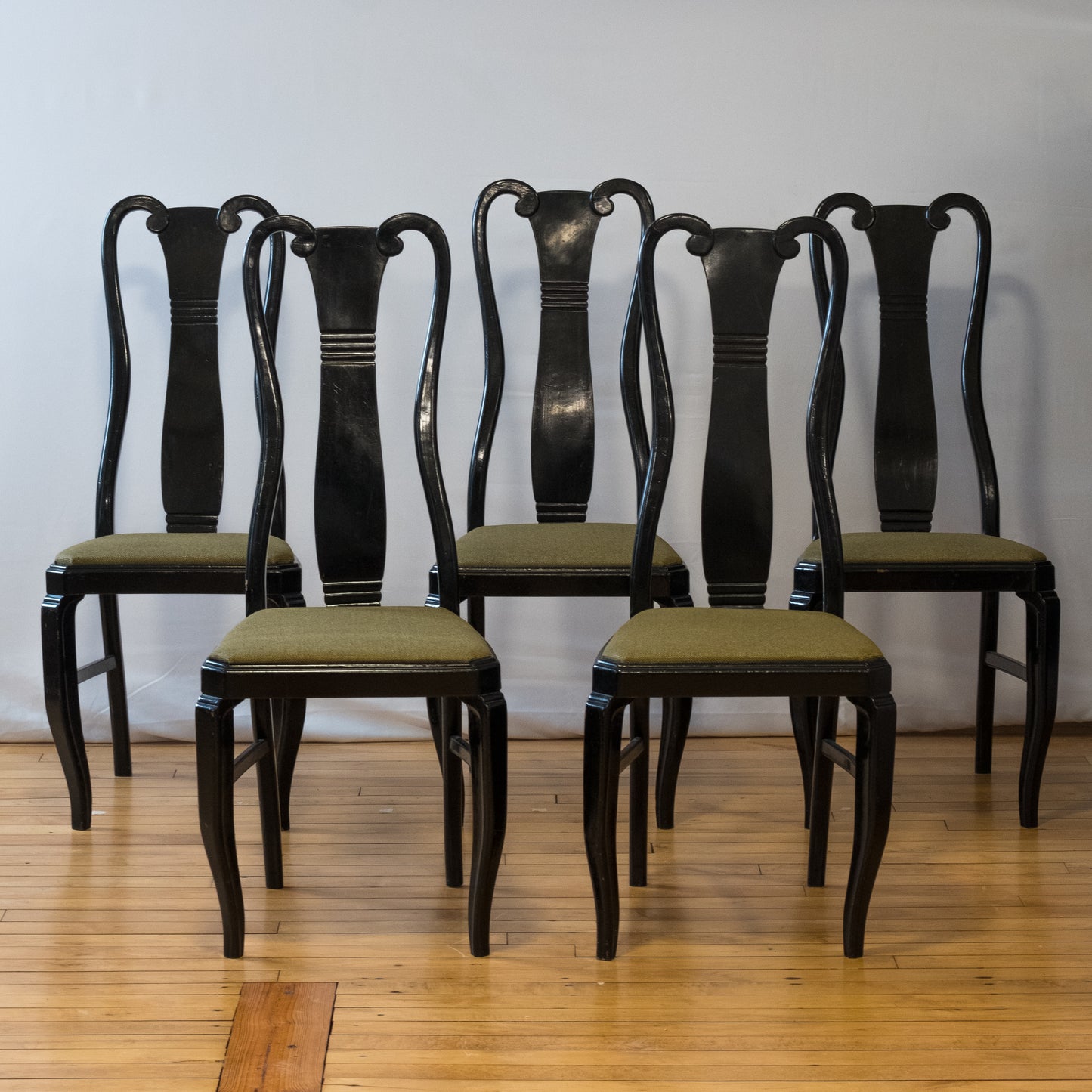 Regency Style Lacquered Black & Green Upholstered Dining Chair Set of 5