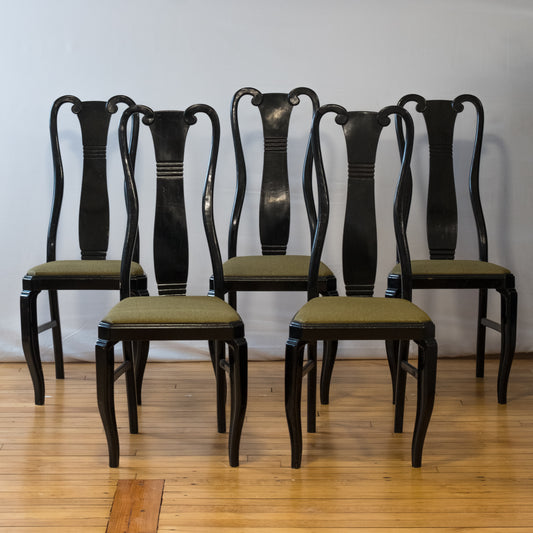 Regency Style Lacquered Black & Green Upholstered Dining Chair Set of 5