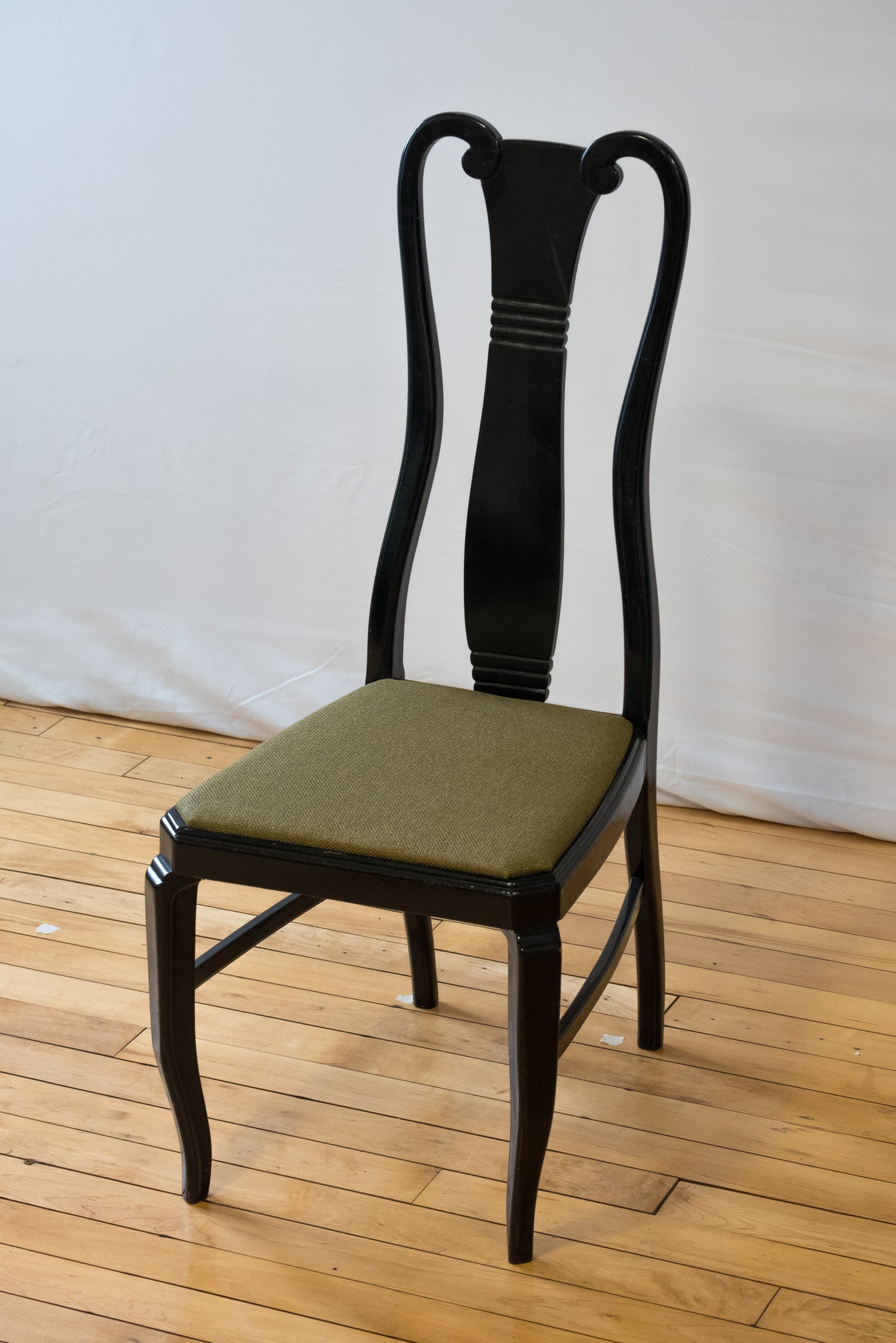 Regency Style Lacquered Black & Green Upholstered Dining Chair Set of 5