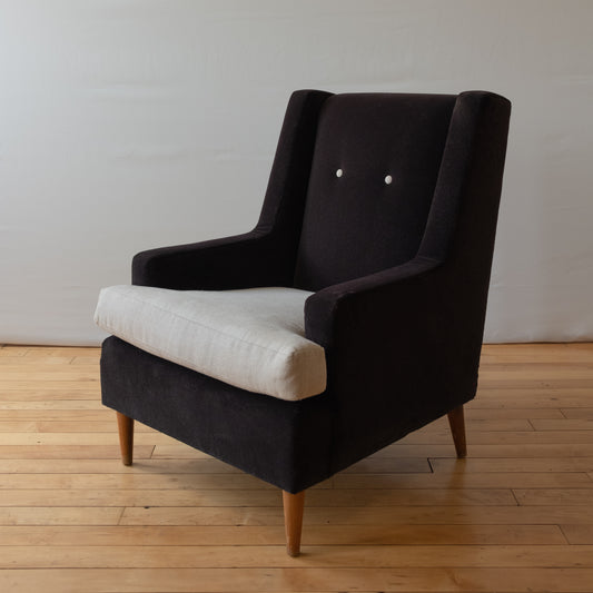 Pair of Mid-Century Black Mohair Tuxedo Armchairs with Tan Linen Seats