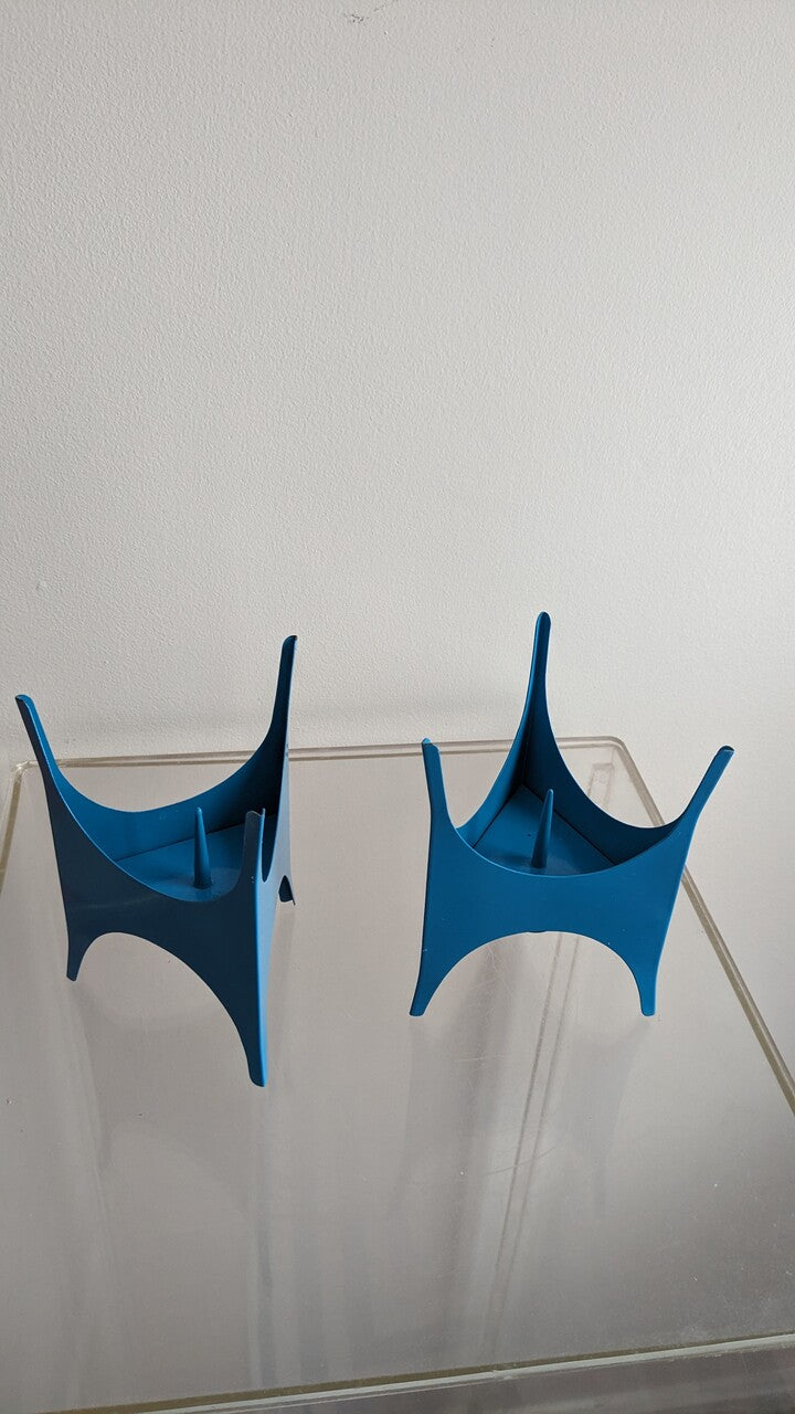 Mid Century Blue Tripod Candlestick Holders - a Pair