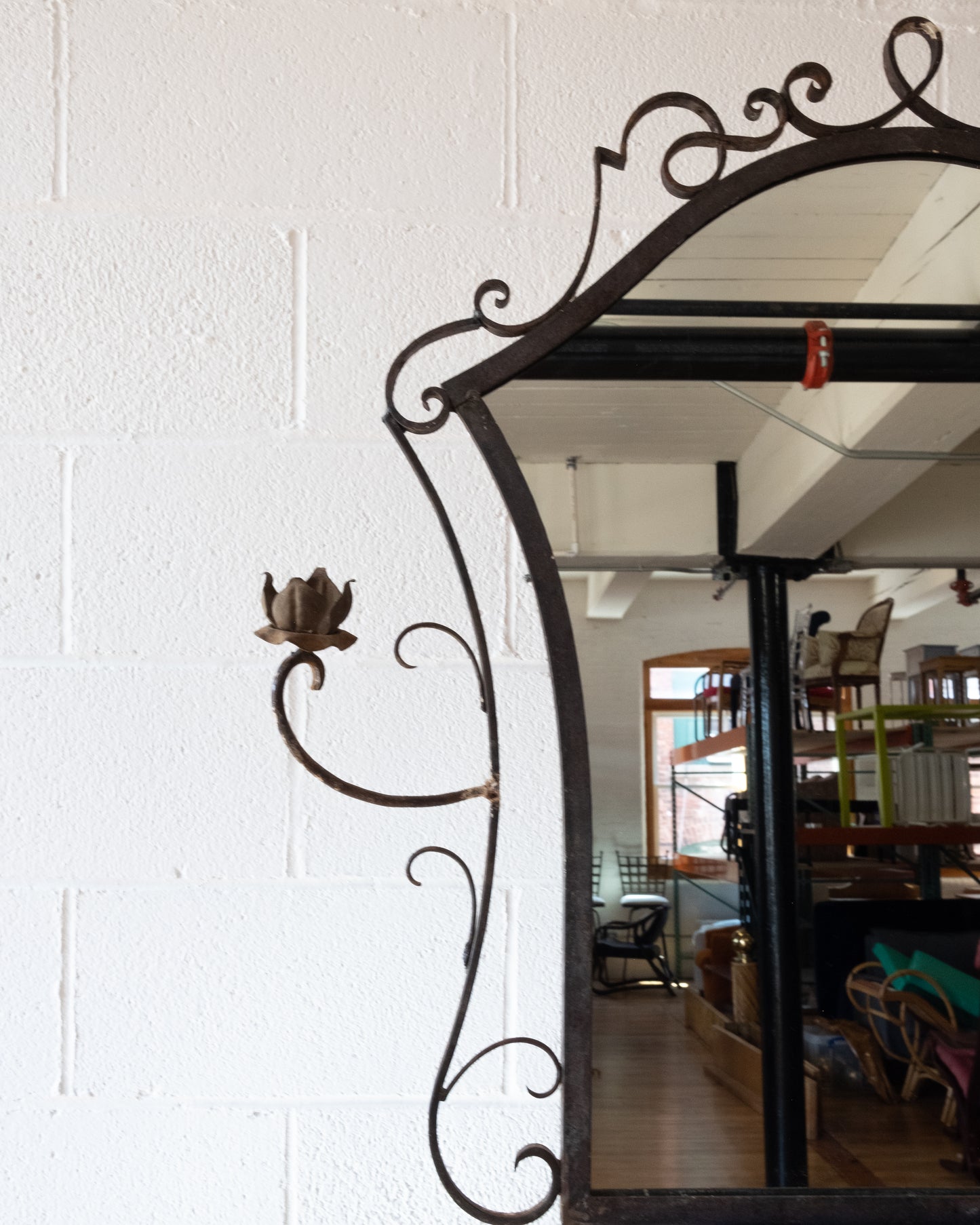 Antique Wrought Iron Mirror with Floral Candle Sconces