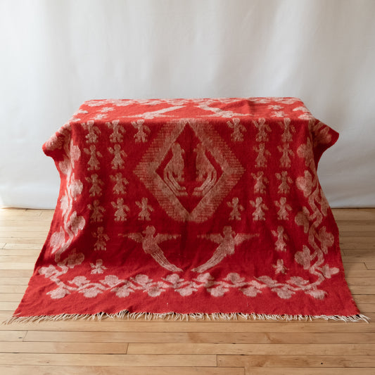 Vintage Red Wool Blanket with Parrots and Flowering Vines
