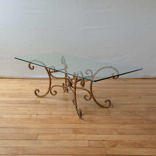 Gold Rope Hollywood Regency Style Glass Topped Coffee Table