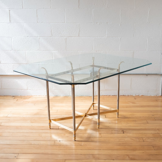 Hollywood Regency Glass Dining Table with Brass and Chrome Base